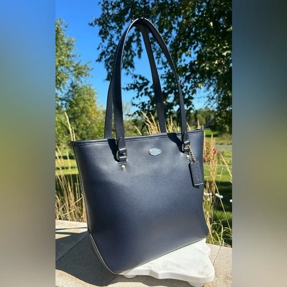 Coach Zip Top Tote F35204 Midnight Blue Crossgrain Leather